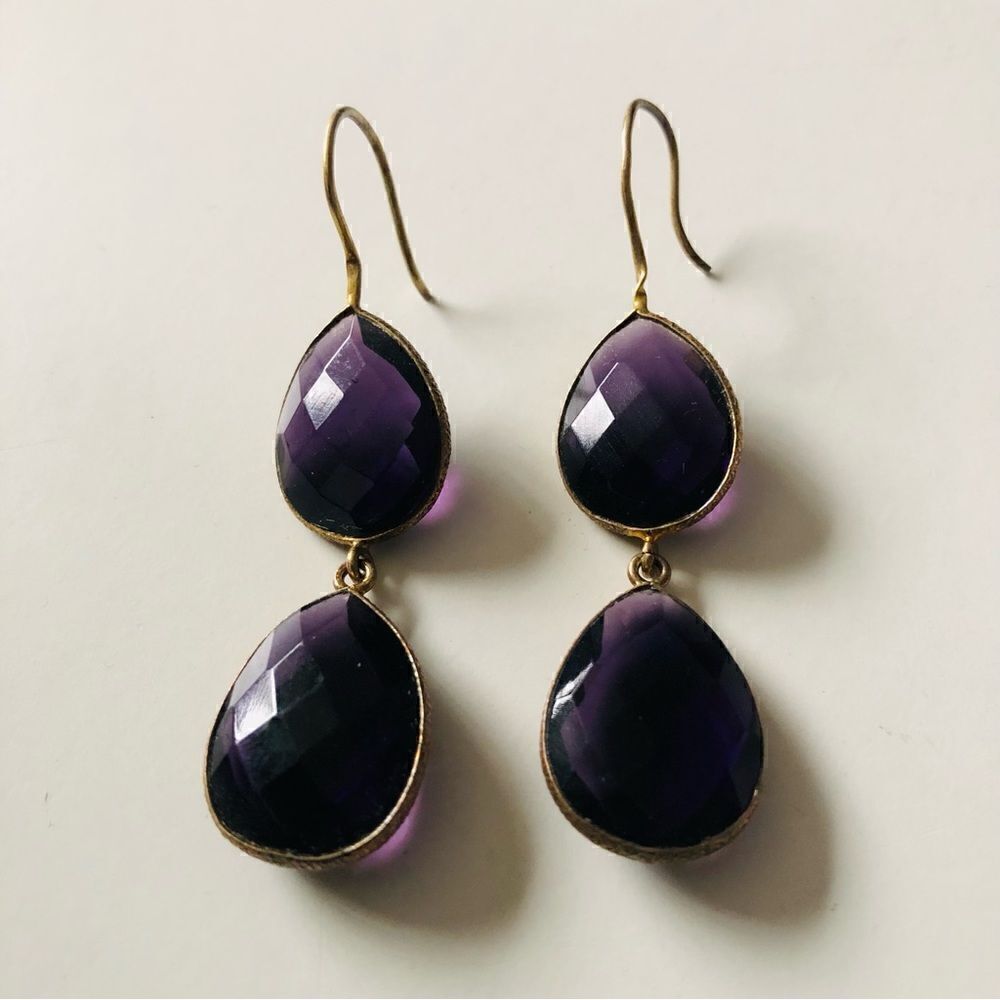 Purple Double Tear Drop Evening Earrings